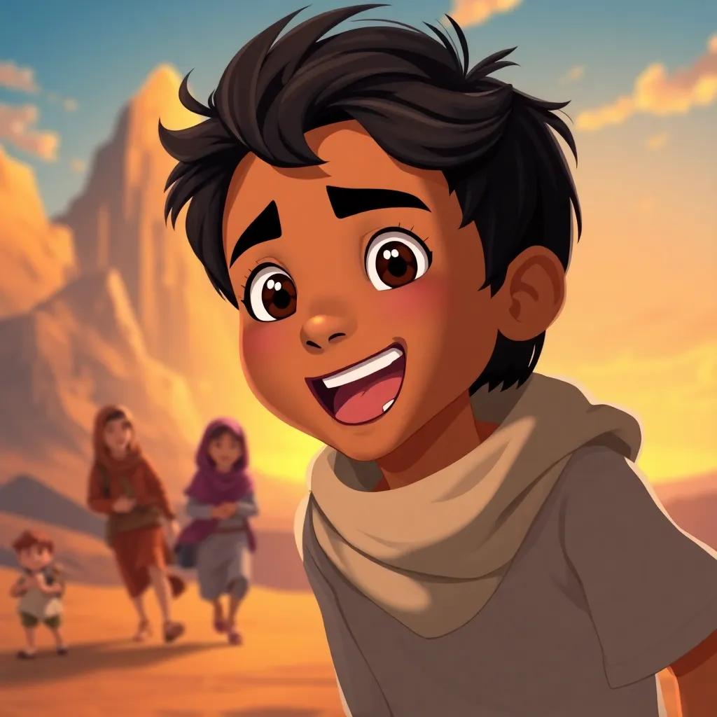 Rashid, a young Arab boy, with black hair and brown skin, excitedly leading his friends closer to the colorful light from the mountain, eager expressions, adventure feel, warm colors