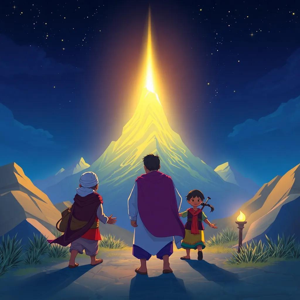 A mysterious and enchanting light tempting Rashid and his friends towards the mountain, vibrant scene, magical adventure, illustration, high quality