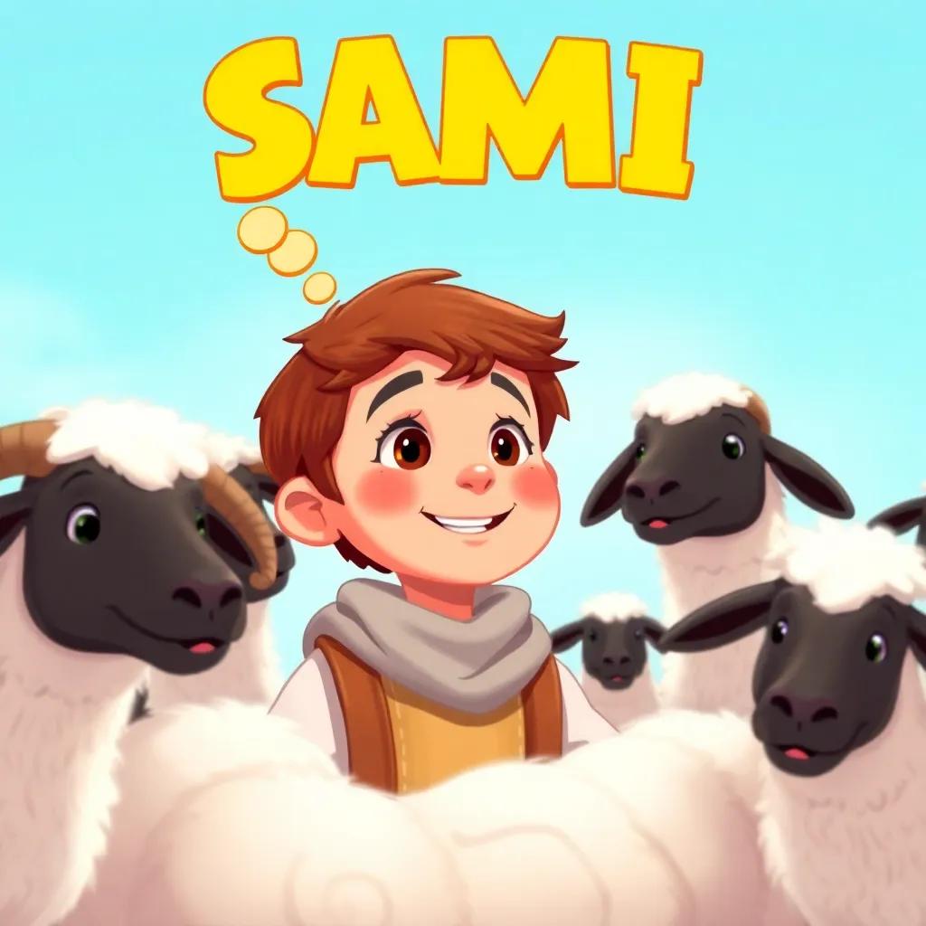 Sami, a young shepherd boy with short brown hair, smiling and thinking of a fun game, surrounded by his sheep looking curious, bright blue sky, colorful illustration