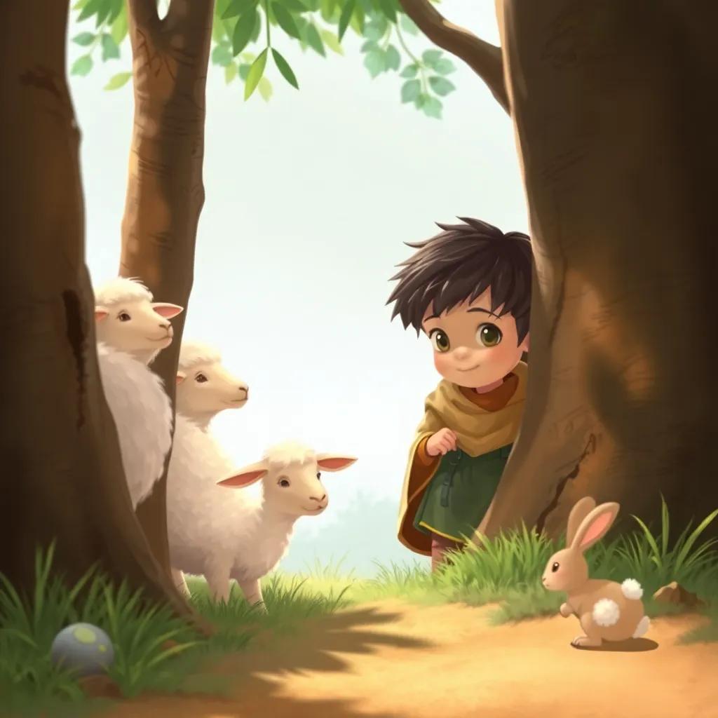 Sami, a young shepherd boy, looking for his missing sheep, peeking around trees, a playful bunny nearby, detailed art, soft colors, magical vibe