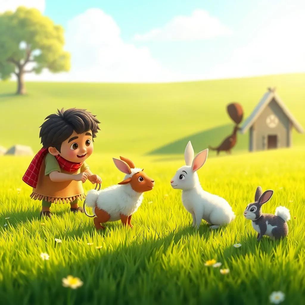 Sami finding his sheep Beela playing with a small rabbit, open green field, sunny day, heartwarming scene, bright and cheerful