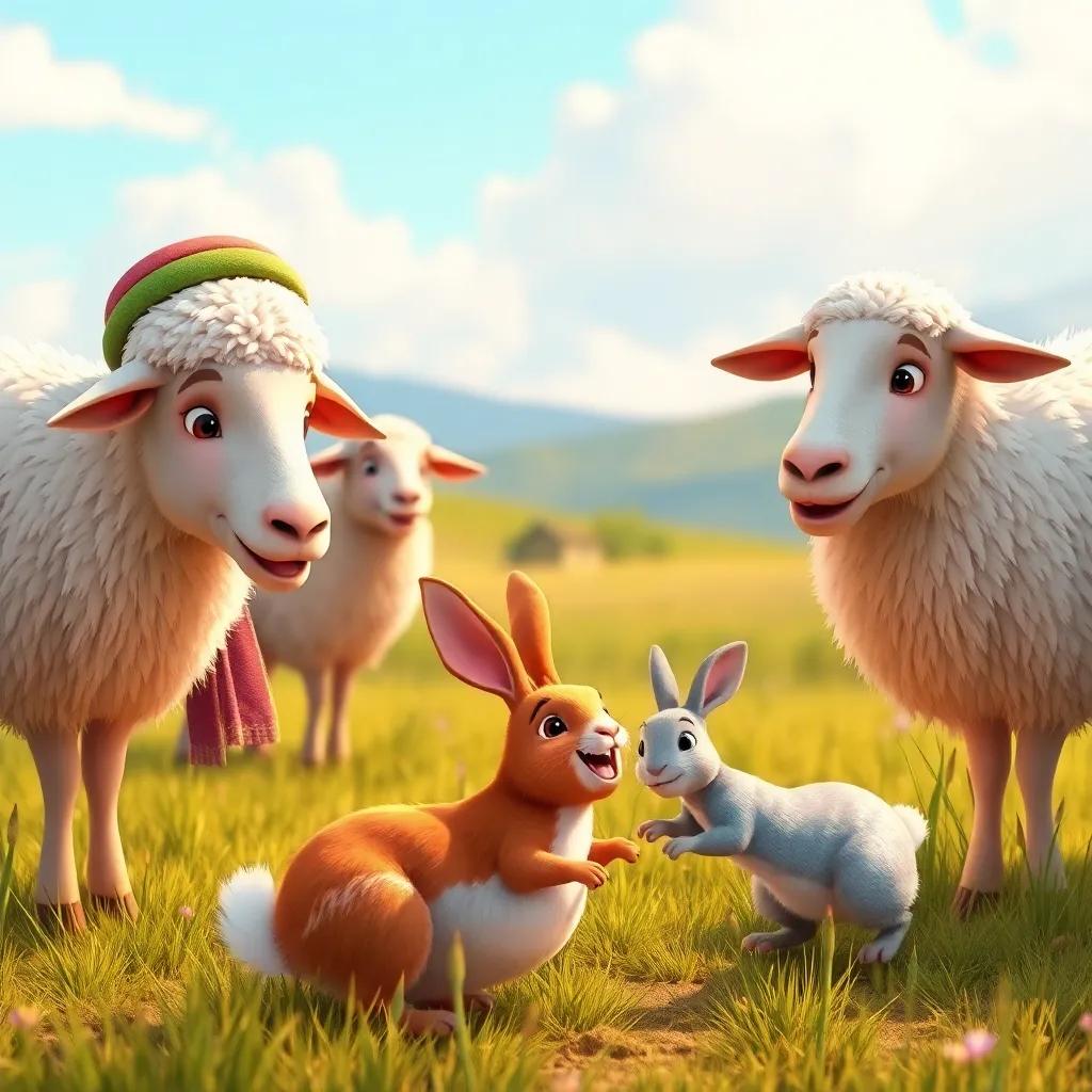 Sami, a young shepherd boy, joining his sheep and a rabbit playing together in the field, smiling happily, colorful and lively, nature setting
