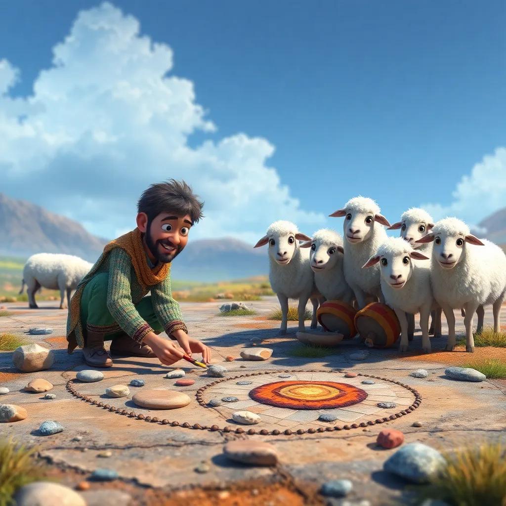 Sami painting pictures on the ground with stones, his sheep watching curiously, colorful art and playful atmosphere