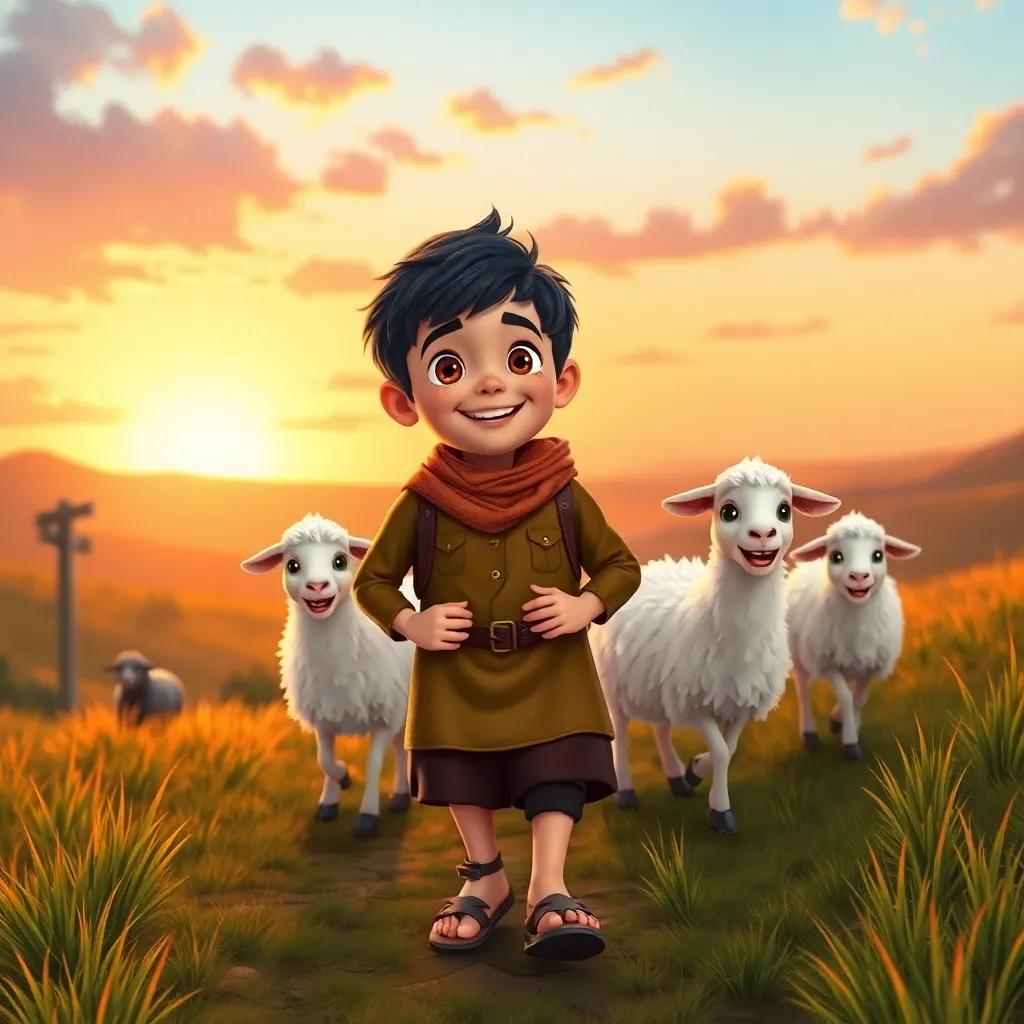 Sami, a young shepherd boy, returning home with his happy sheep, sunset in the background, vibrant colors, cheerful and heartwarming scene