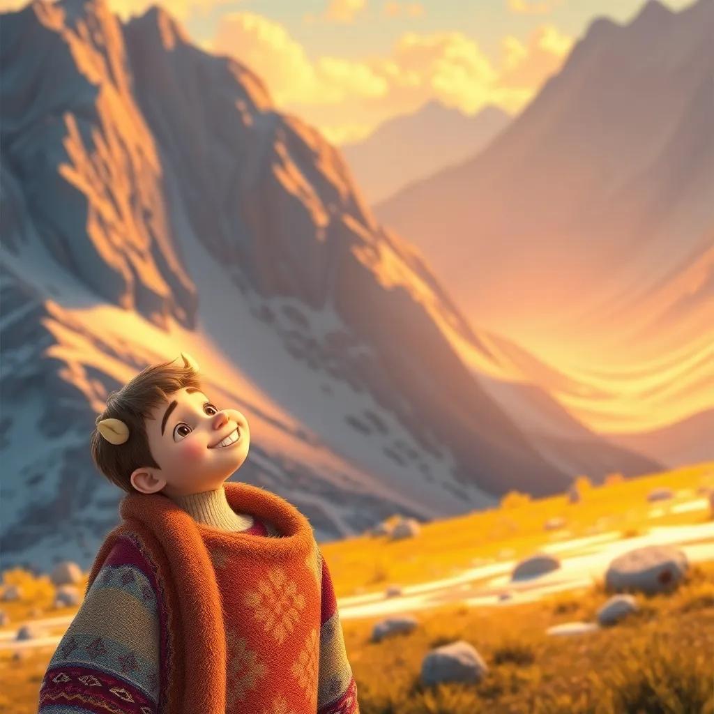 Sami thinking about all the adventures he had in the mountains with his new friends, smiling and feeling happy, warm light and picturesque background