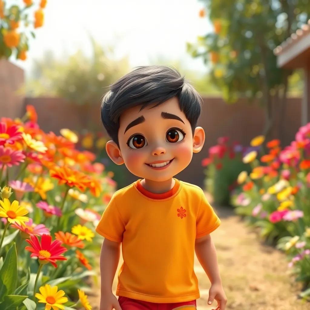 A young Arab boy, Rami, with short black hair wearing a bright t-shirt and shorts, playing in a sunny garden filled with colorful flowers, cheerful atmosphere, digital art, vibrant colors, inviting light, warm perspective, high quality