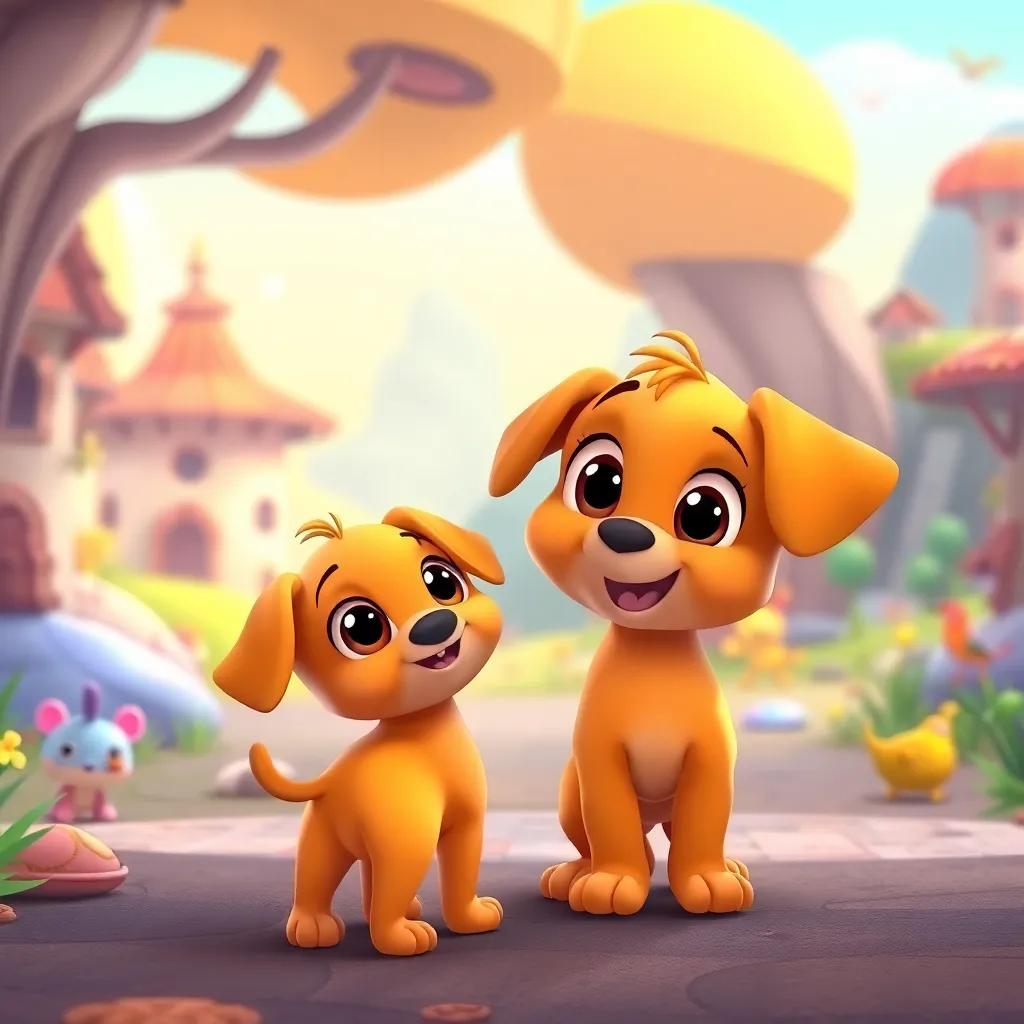 A small orange puppy, Rafi, with big friendly eyes and a wagging tail, greeting Rami in a colorful cartoon world filled with imaginative characters and landscapes, playful art, bright colors, whimsical light, child-friendly perspective, high quality