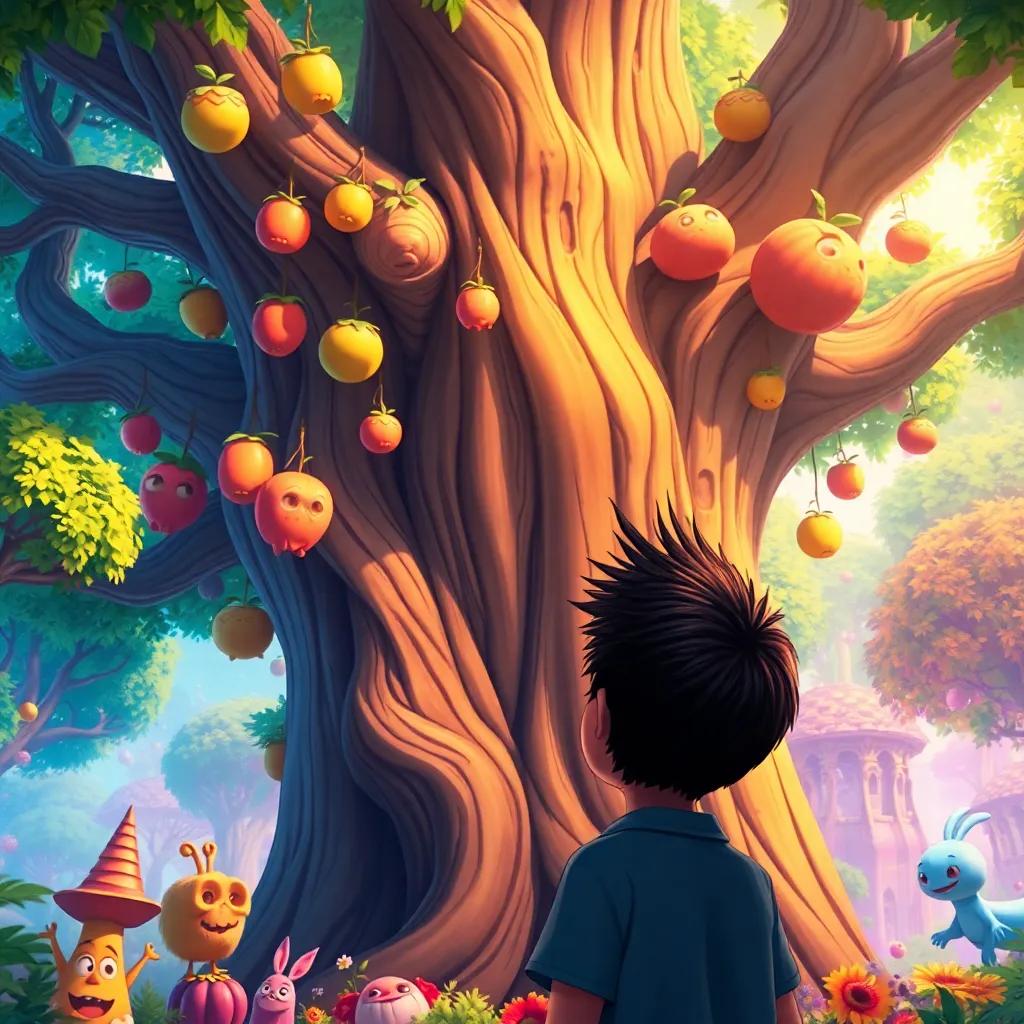 A gigantic tree with strange fruits hanging from its branches, Rami looking up in awe, in a magical cartoon forest filled with vibrant colors and fantastical creatures, whimsical style, enchanting colors, glowing light, immersive perspective, high quality