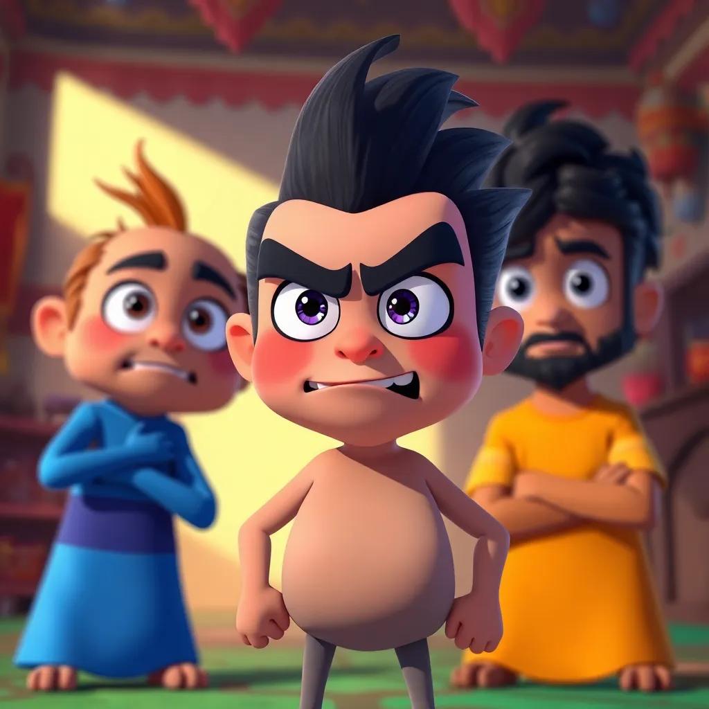 A cartoon character with a fierce look, standing in front of Rami and Rafi, questioning them in a playful manner, colorful cartoon background, bold colors, dramatic light, engaging perspective, high quality