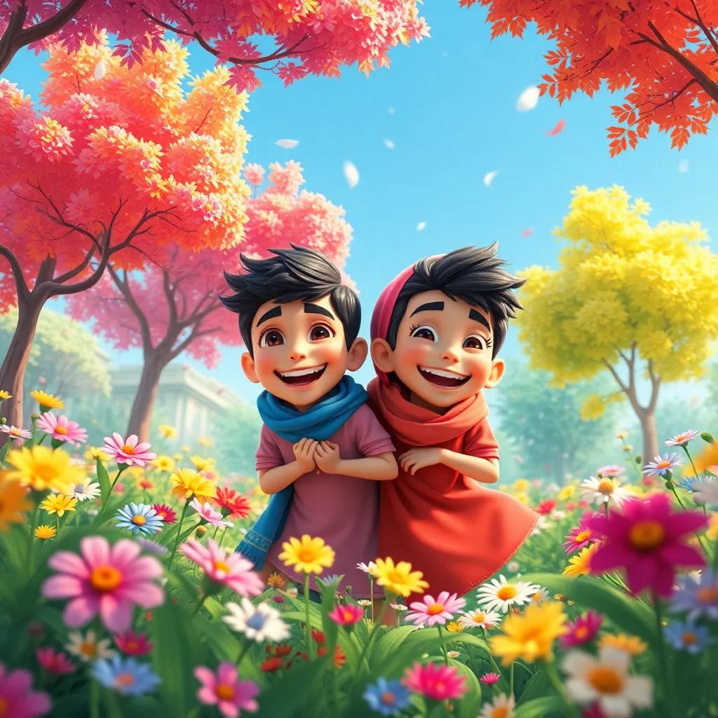 Rami and Rafi playing hide and seek among colorful trees and flowers, laughter in the air, whimsical art style, bright colors, joyful light, dynamic perspective, high quality