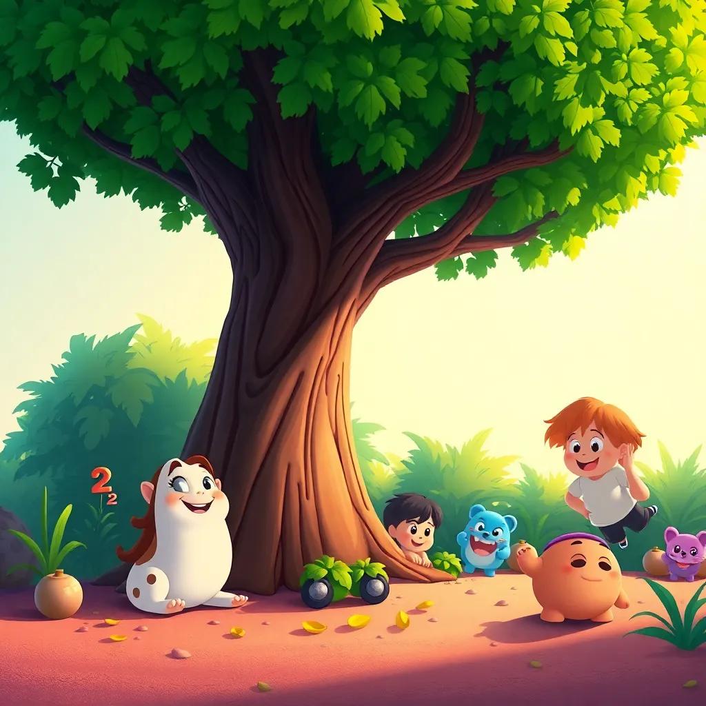 Rami counting under a big green tree while other cartoon characters hide behind it, playful and cheerful atmosphere, fun art style, vibrant colors, energetic light, high quality