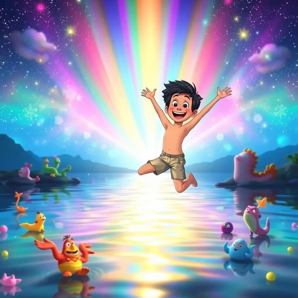 A magical lake reflecting rainbow colors, Rami jumping in joy wearing swimming shorts, surrounded by colorful cartoon creatures, enchanting art style, lively colors, sparkling light, dynamic perspective, high quality