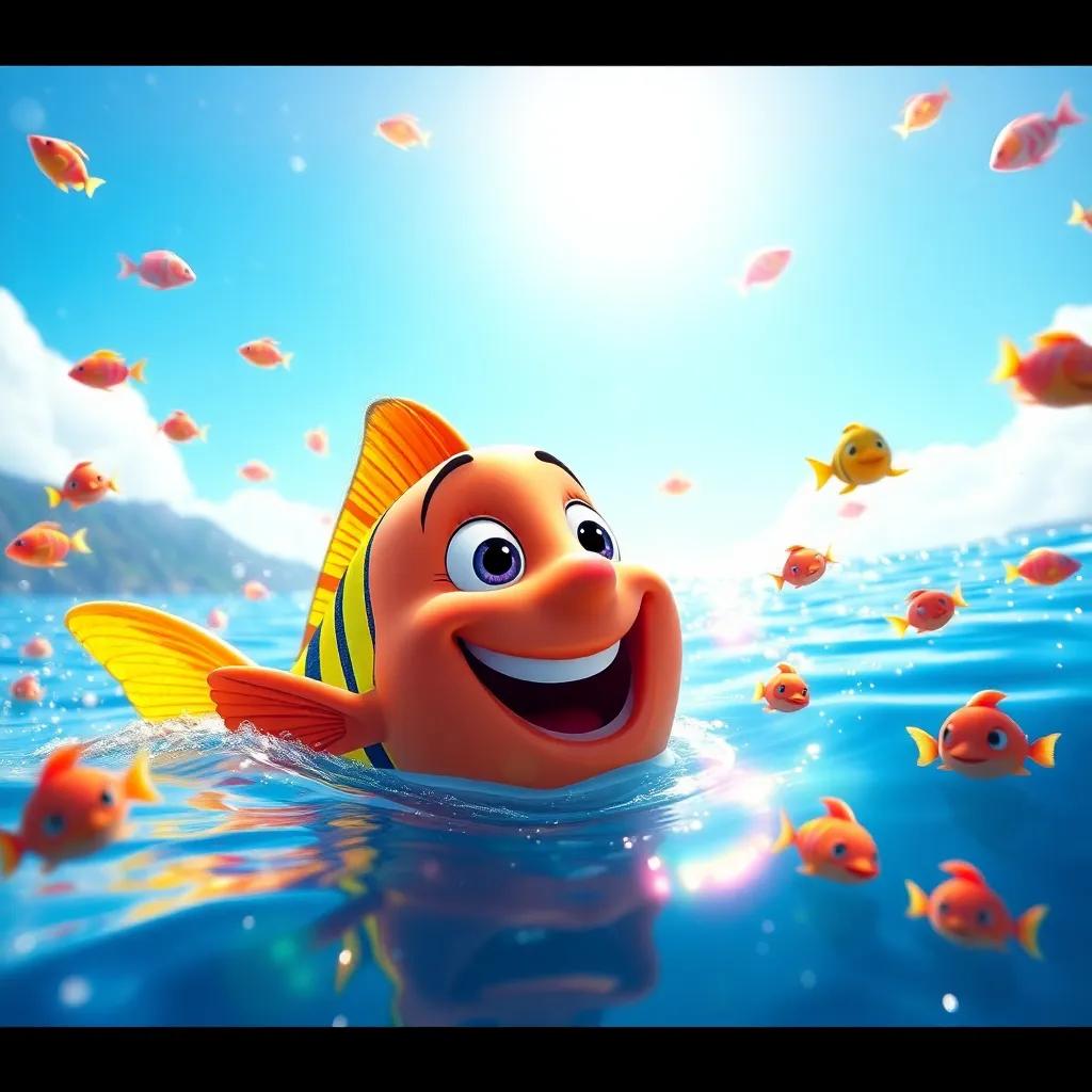 Rami swimming in the lake, enjoying the water sparkling in the sunlight, colorful fish swimming around, joyful atmosphere, vibrant colors, refreshing light, delightful perspective, high quality