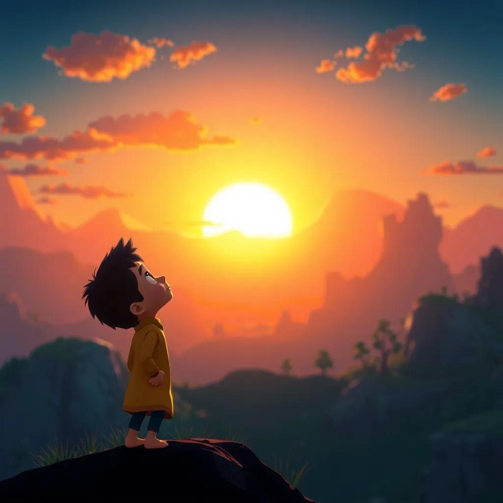 Rami looking up at the sunset with a thoughtful expression, as he stands at the edge of the magical cartoon world, beautiful colors blending, heartwarming light, serene perspective, high quality