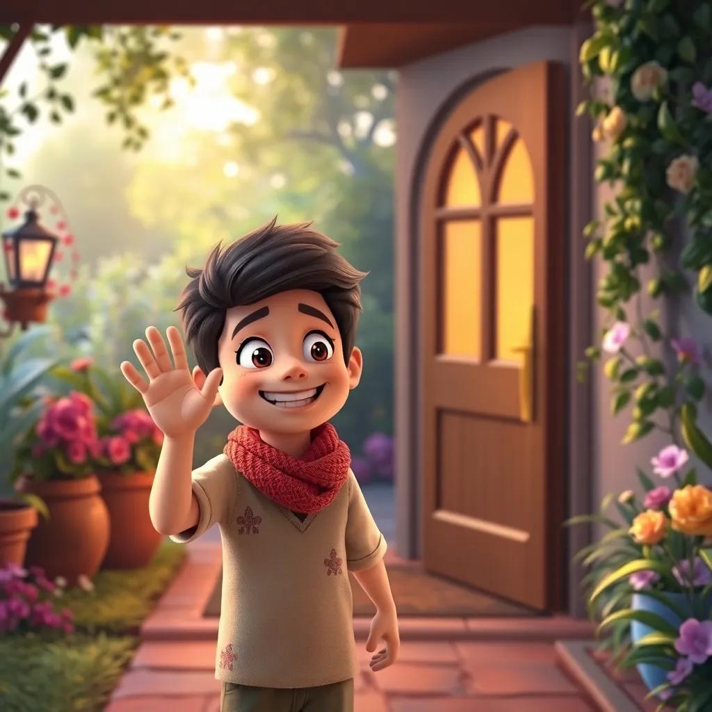 Rami returning home with a big smile on his face, waving goodbye to Rafi who is still in the magical cartoon world, cozy garden background, warm colors, inviting light, nostalgic perspective, high quality