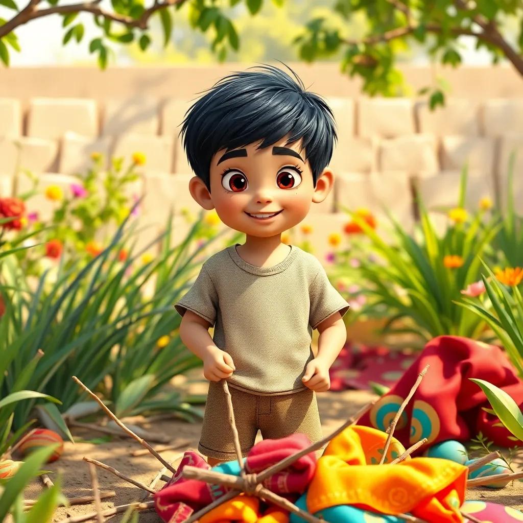 A young Arab boy, Rami, with short black hair, wearing a simple t-shirt and shorts, gathering sticks and colorful fabrics in a sunny garden, bright colors, cheerful atmosphere, child-friendly, high quality