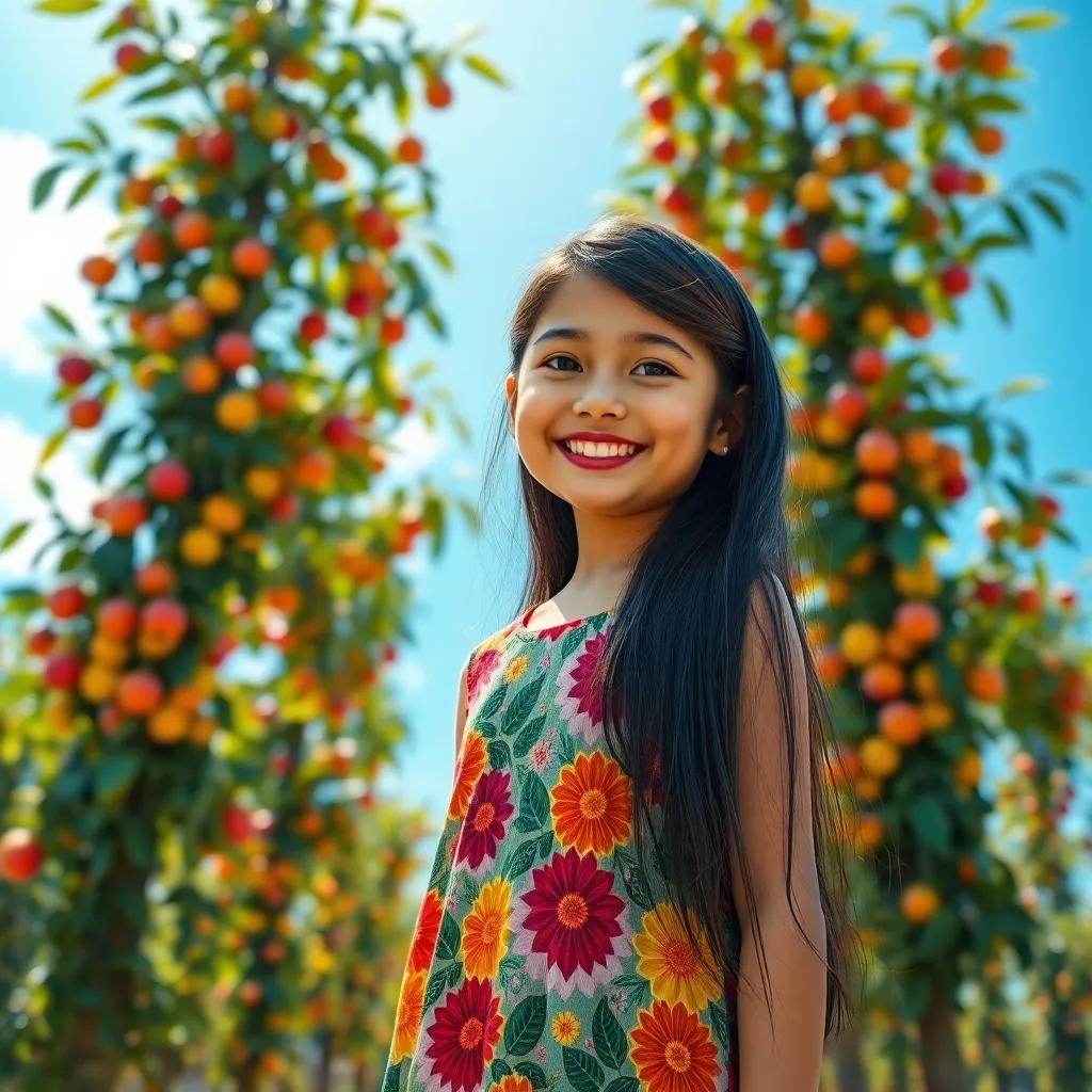 A cheerful girl, Mariam, with long, dark hair wearing a colorful dress, standing in front of tall fruit trees with colorful fruits hanging, under a bright sunny sky, vibrant digital art, joyful atmosphere, high quality