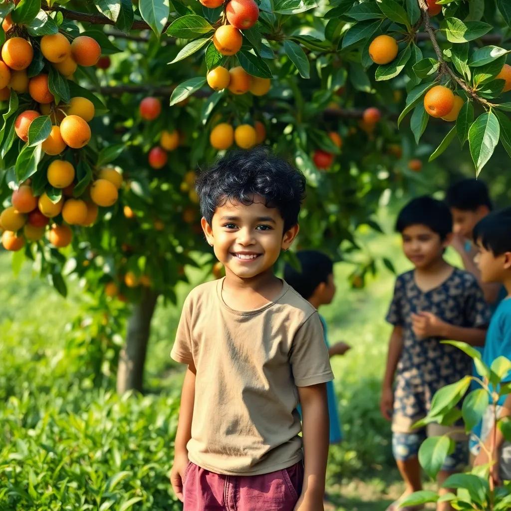 A happy boy, Sami, with short, curly hair wearing a t-shirt and shorts, picking fruits from a tree with friends nearby, surrounded by green vegetation, bright colors, cheerful scene, high quality
