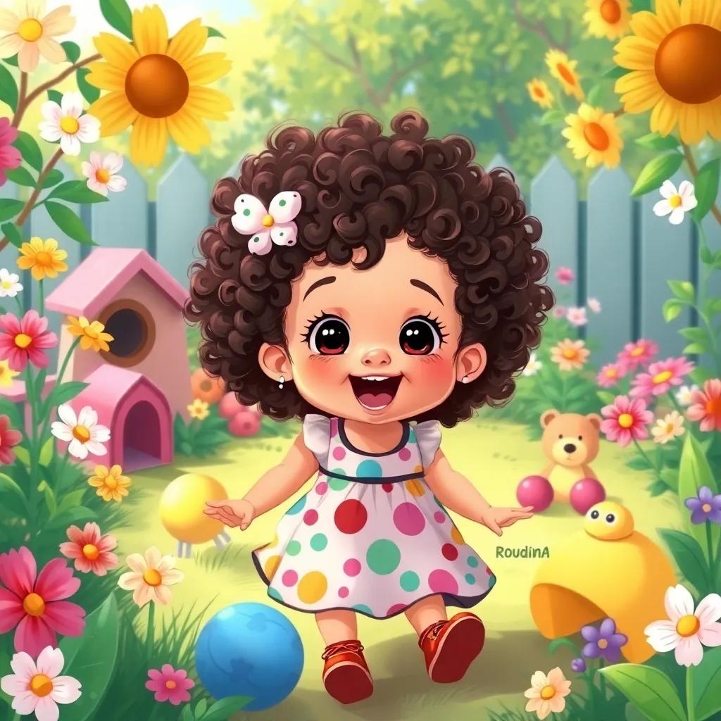 A small girl, Roudina, with curly hair and wearing a colorful dress, playing in a garden filled with flowers and toys, looking excited, digital art, cheerful atmosphere, bright colors, inviting scene, high quality