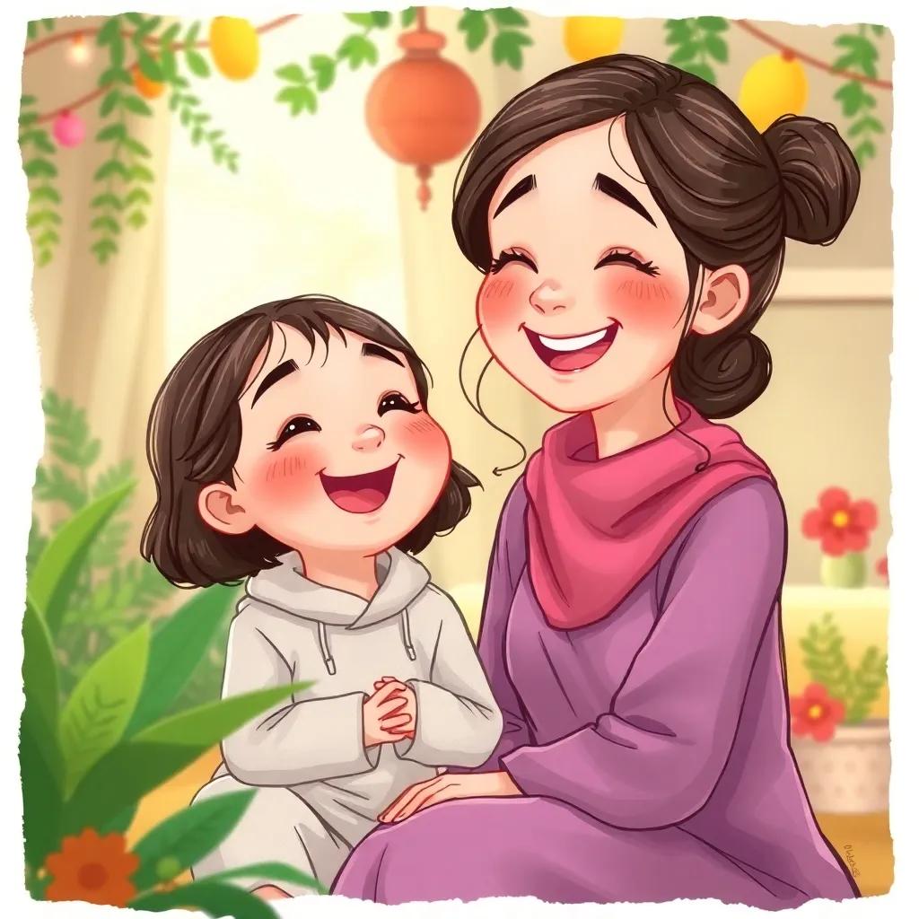 An older girl, Rahaf, with a joyful smile and wearing a comfortable outfit, laughing while watching Roudina play, surrounded by greenery and colorful decorations, illustration, warm light, cozy feeling, family theme, child-friendly