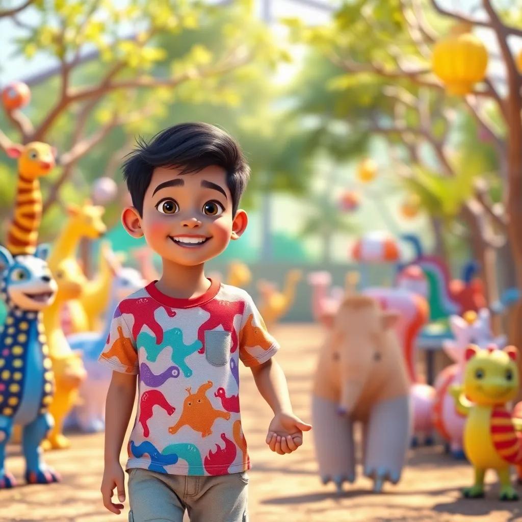 A joyful young Middle-Eastern boy, Ron, wearing a colorful t-shirt and shorts, holding hands with his mother in a sunny animal park filled with colorful electronic animals, playful atmosphere, warm light, vibrant colors, cheerful, child-friendly