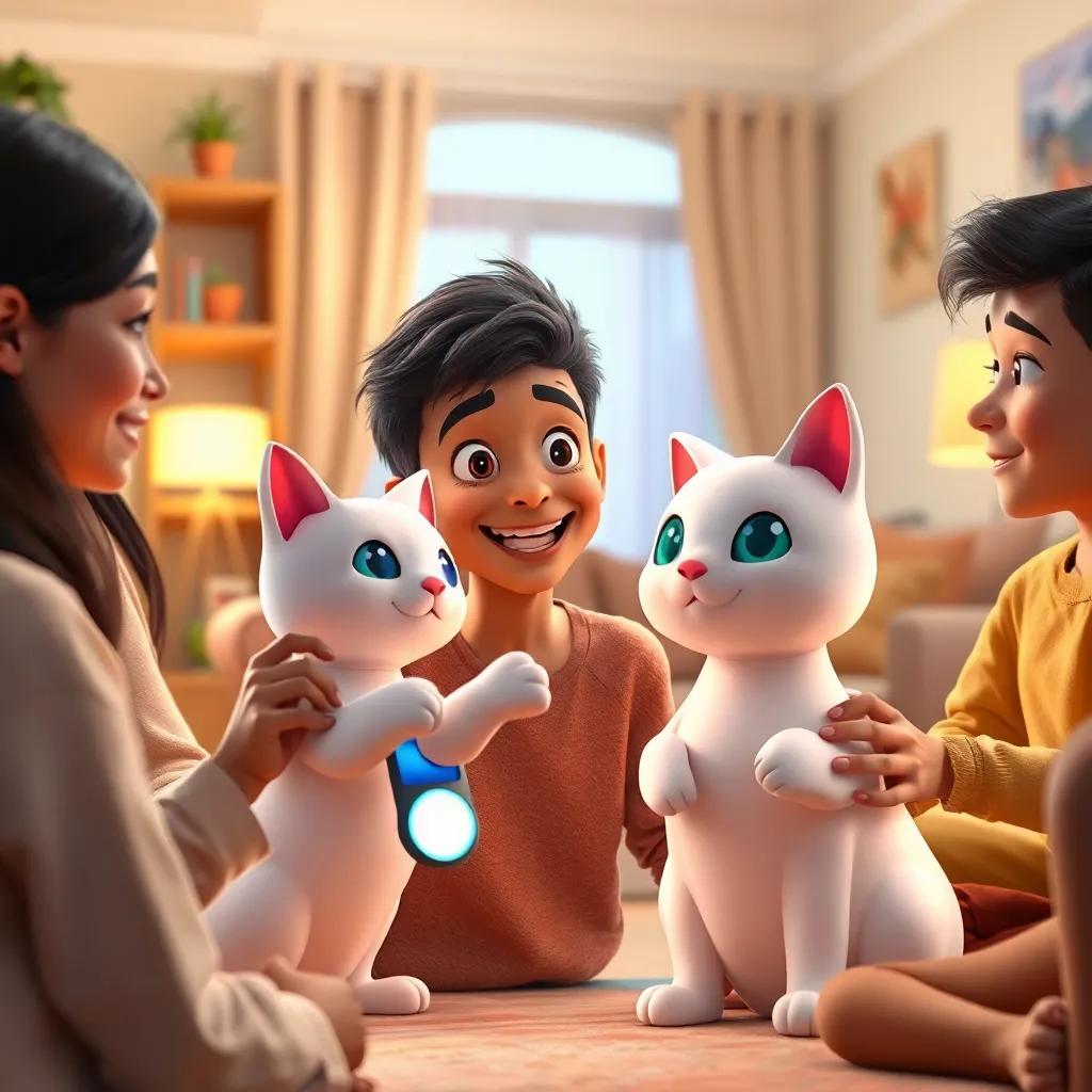 A Middle-Eastern boy, Ron, with a big smile, showing his electronic white cat toy to his friends, Maiin and Nourin, in a cozy living room with bright colors, cheerful ambiance, inviting atmosphere, realistic, engaging
