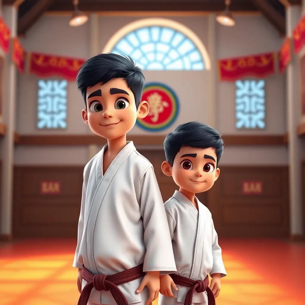 A young Arab boy, Rayan, with short black hair wearing a white karate gi, standing proudly in a karate dojo with his younger brother, Rakan, who has short black hair and is wearing a matching karate gi, a warm atmosphere, bright colors, energetic perspective, high quality