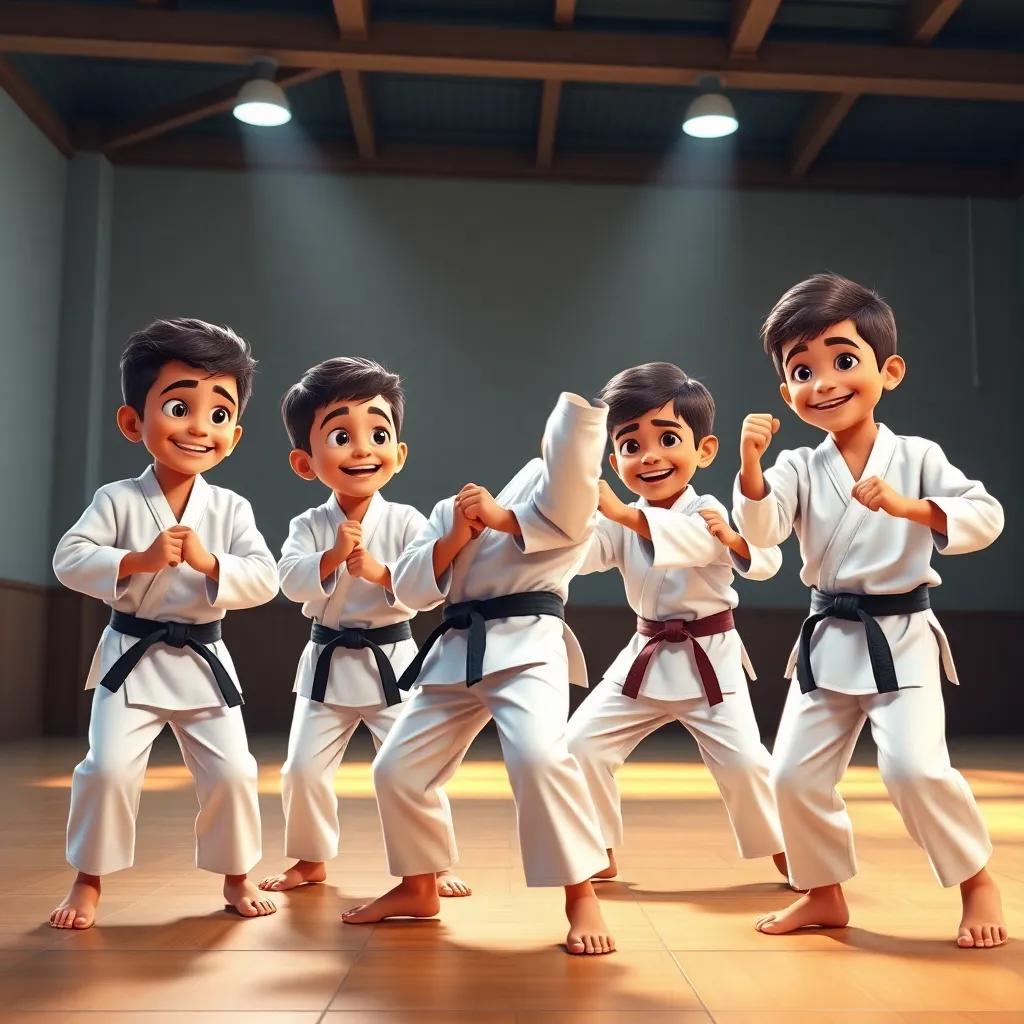 Four young Arab boys, Rayan, Rakan, Mohammed and Manahi, in karate gis, practicing a karate move with enthusiasm in a dojo, under bright lights, playful and joyful setting, detailed digital art, high quality