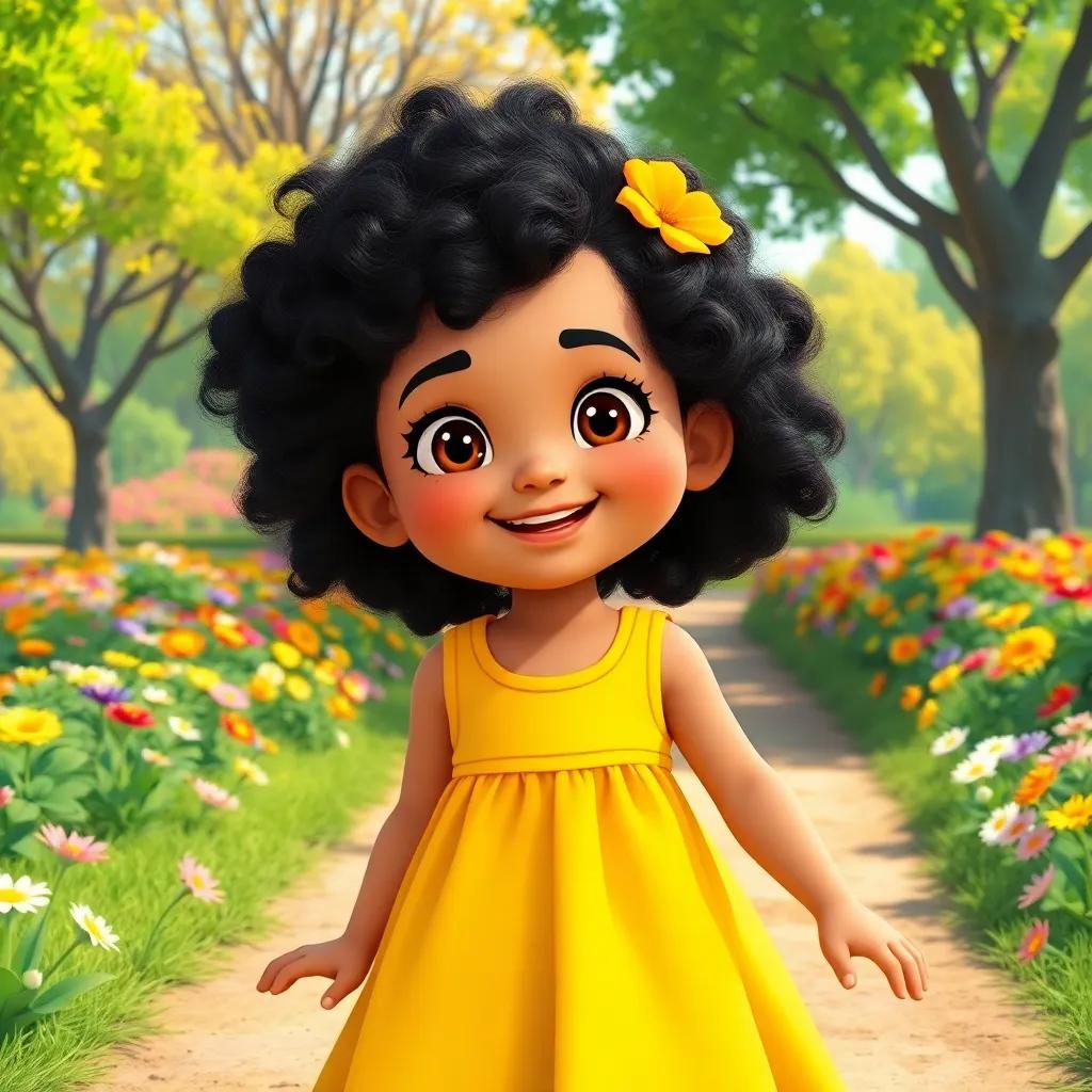 A cheerful 6-year-old Arabic girl, Rayhan, with curly black hair wearing a bright yellow dress, playing in a sunny park filled with colorful flowers and trees, digital art, vibrant colors, joyful atmosphere, high quality
