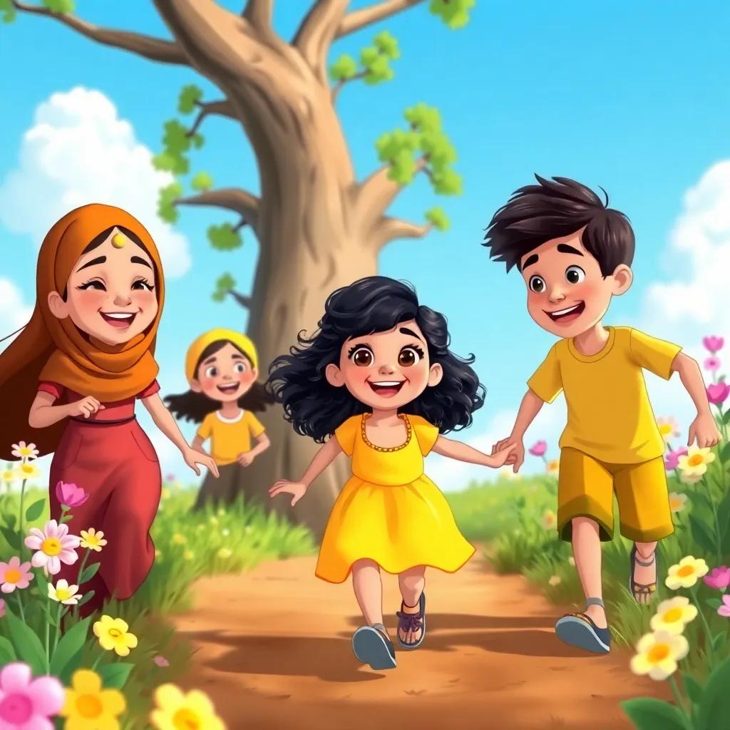 Rayhan, a 6-year-old Arabic girl with curly black hair in a bright yellow dress, running towards a tree with friends Fathima and Ali, both smiling and laughing, surrounded by flowers and the blue sky, illustration, cheerful, dynamic scene, high quality