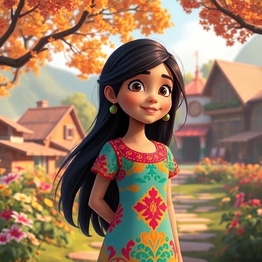 A young Arab girl, Reem, with long dark hair, wearing a bright colorful dress, standing in a beautiful village with trees and flowers, cheerful atmosphere, digital art, warm colors, inviting scene, high quality