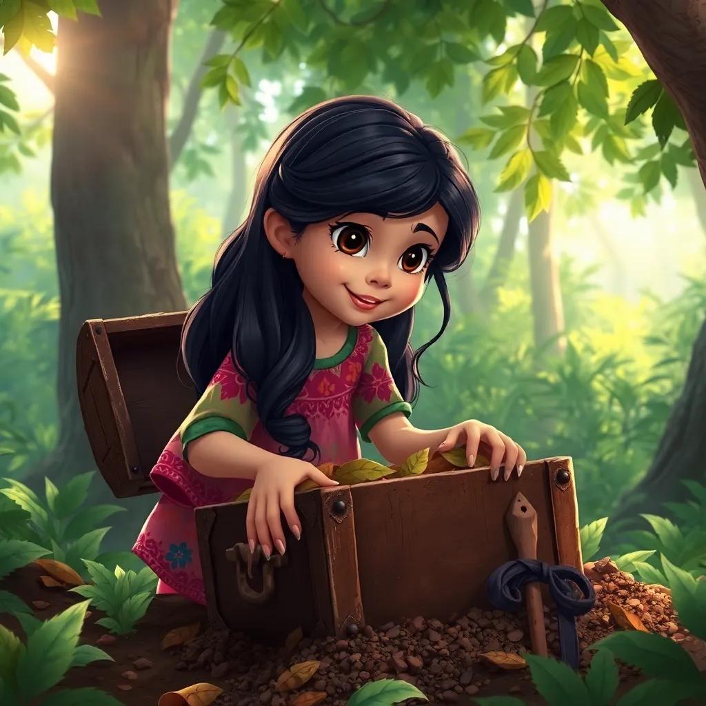 A young Arab girl, Reem, with long dark hair, wearing a colorful dress, discovering an old treasure chest covered in leaves and dirt inside a lush green forest, detailed illustration, magical sunlight, captivating scenery, high quality