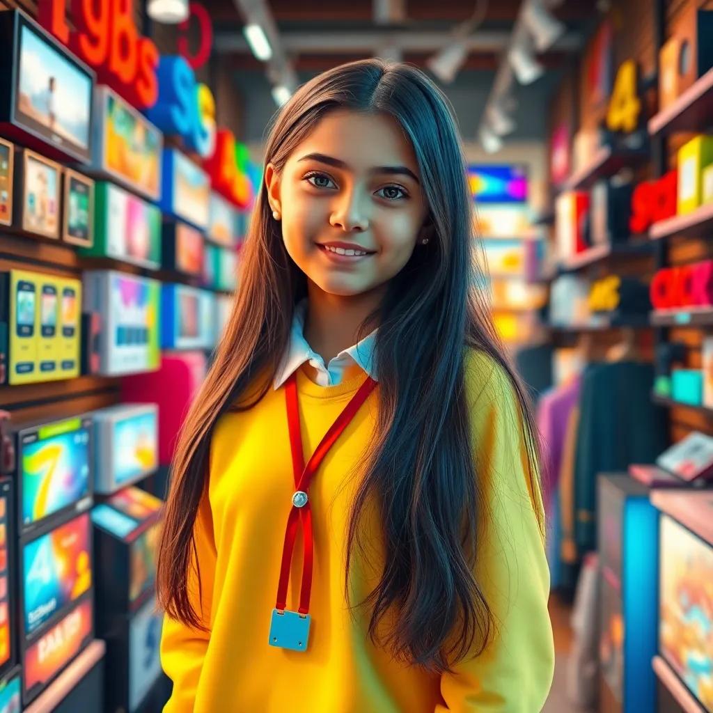 A smart young Arab girl, ريم, with long dark hair, wearing a bright school uniform, standing in an electronics store filled with colorful gadgets, digital art, warm colors, cheerful atmosphere, high quality