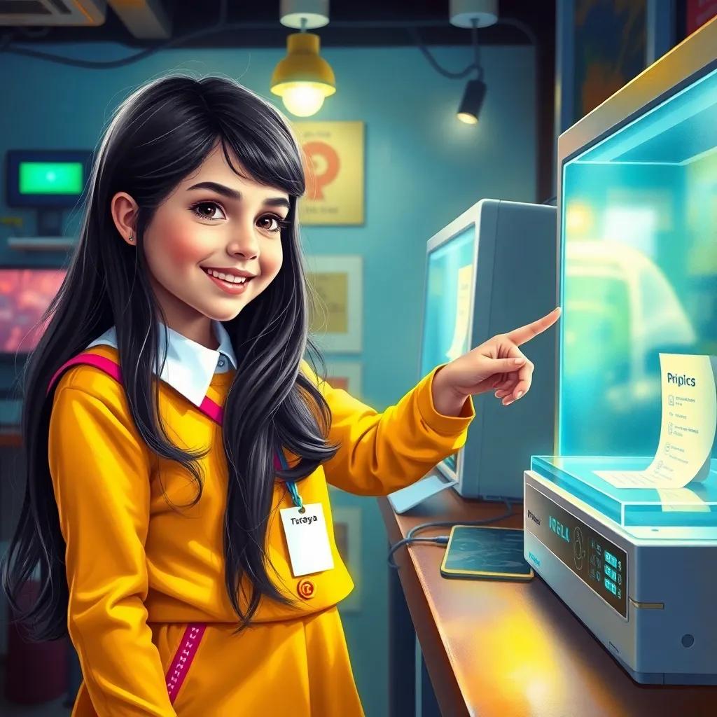 ريم, a smart young Arab girl, with long dark hair in a bright school uniform, pointing at a shiny printer with a price tag, surrounded by electronics and lights, lively colors, engaging scene, child-friendly