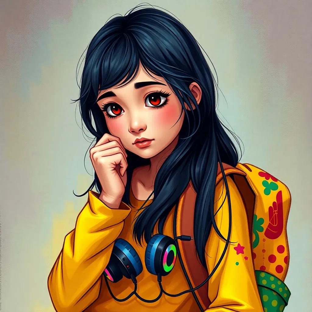 ريم, a young Arab girl, with long dark hair and a colorful backpack, thinking with a thoughtful expression while looking at headphones and a charging battery, vivid colors, educational scene, high-quality illustration