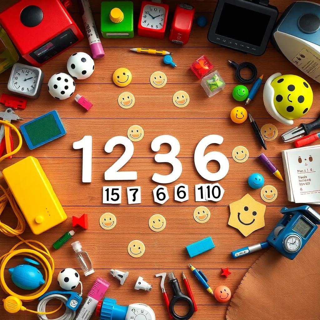 An overhead view showing ريم’s math problem, with numbers written out neatly, surrounded by toys and gadgets, and smiling stickers, bright colors, playful and cheerful educational art, high quality