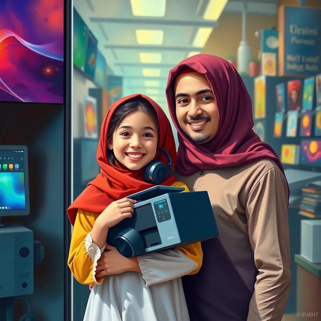 ريم, the young Arab girl, with a joyful smile, hugging a printer and headphones, standing with her father outside the electronics store, colorful background, heartwarming scene, high quality