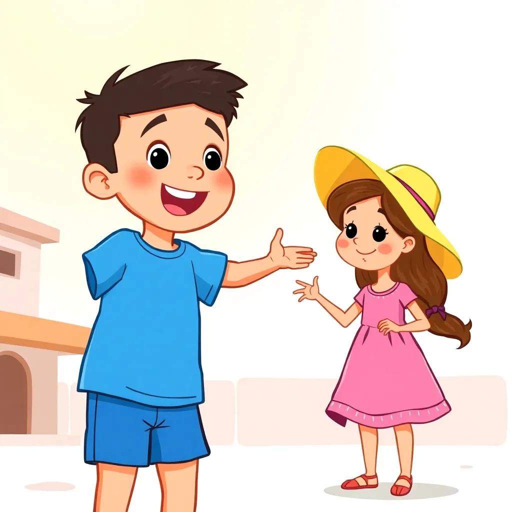 A young Arab boy, Sami, with short black hair, wearing a bright blue t-shirt and shorts, excitedly talking to a young Arab girl, Layla, with long brown hair, wearing a cheerful pink dress and a sun hat, standing under a sunny sky, vibrant colors, joyful atmosphere, children's illustration, high quality