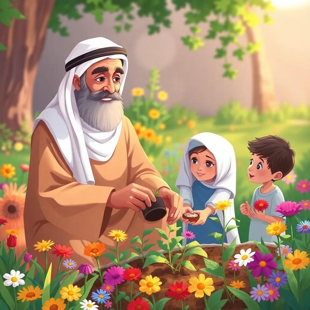 An older Arab man, Layla's Uncle, with a beard and wearing a white thobe, showing Sami and Layla how to plant seeds in a colorful garden filled with flowers, digital art, warm colors, friendly environment, educational illustration, uplifting