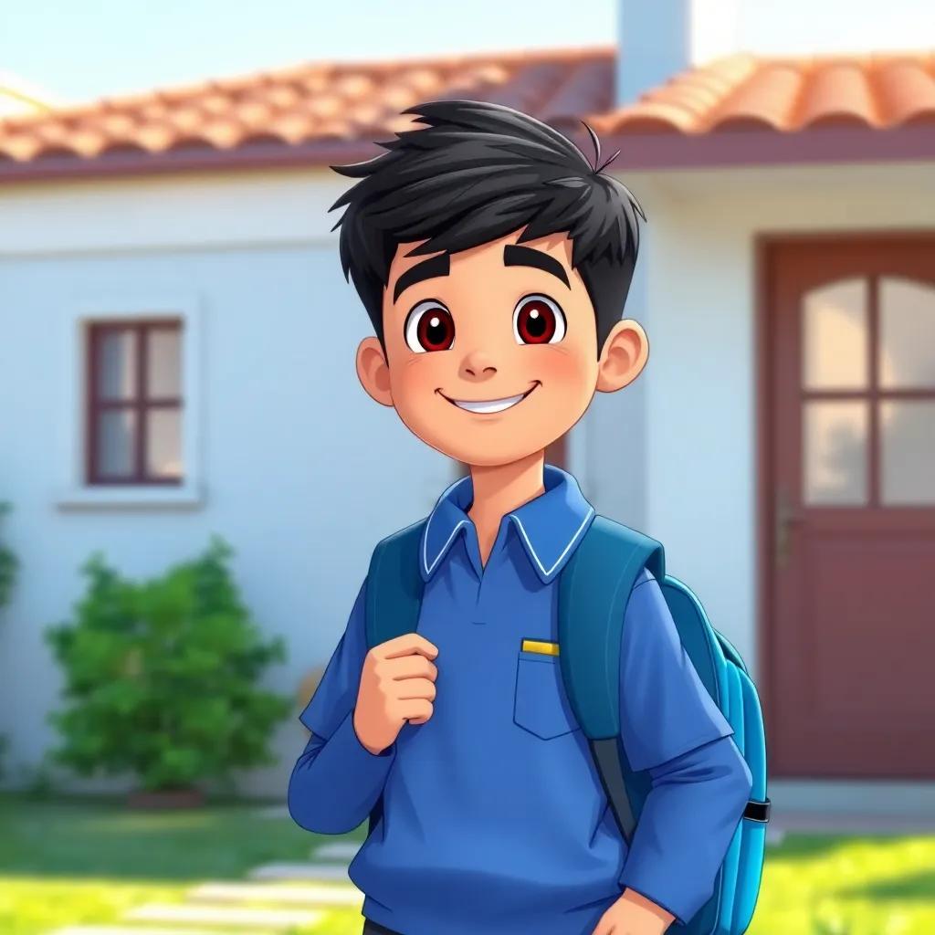 A young Arab boy, Zakariya, with short black hair, wearing a blue school uniform and a backpack, smiling while standing in front of his house, bright morning light, cheerful atmosphere, illustration, child-friendly