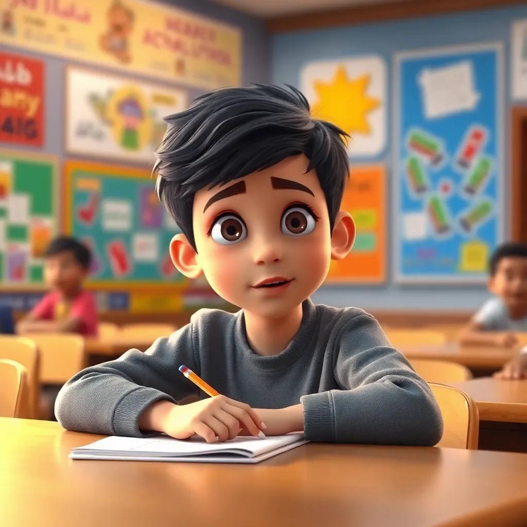 Zakariya, a young Arab boy with short black hair, sitting at a school desk, listening attentively with a notebook and pencil, excited classroom environment with colorful posters, digital art, engaging, warm lighting