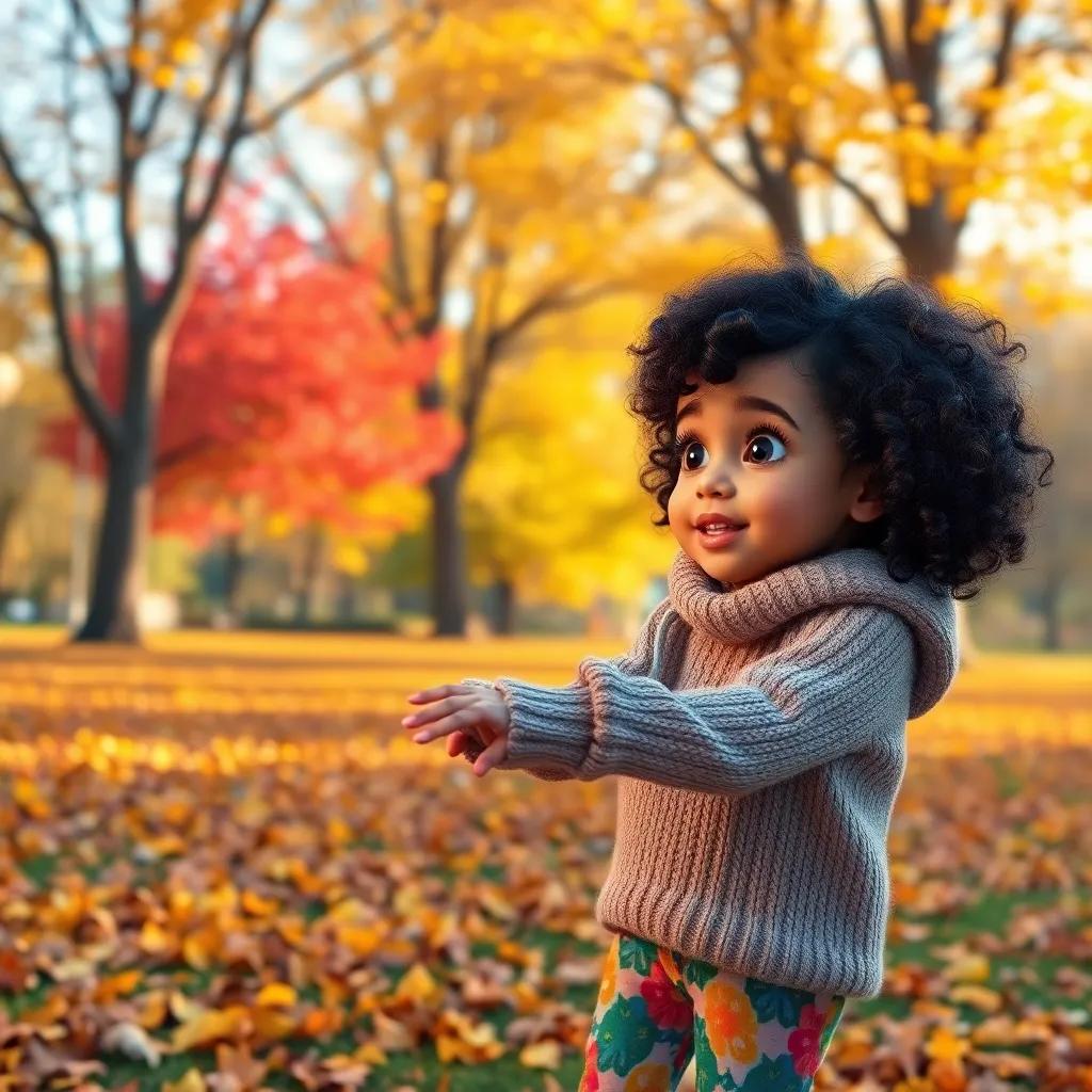 A young Arab girl, Zahra, with curly dark hair, wearing a cozy sweater and colorful pants, playing in a golden and red leaf-covered park, digital art, bright colors, cheerful atmosphere, high quality