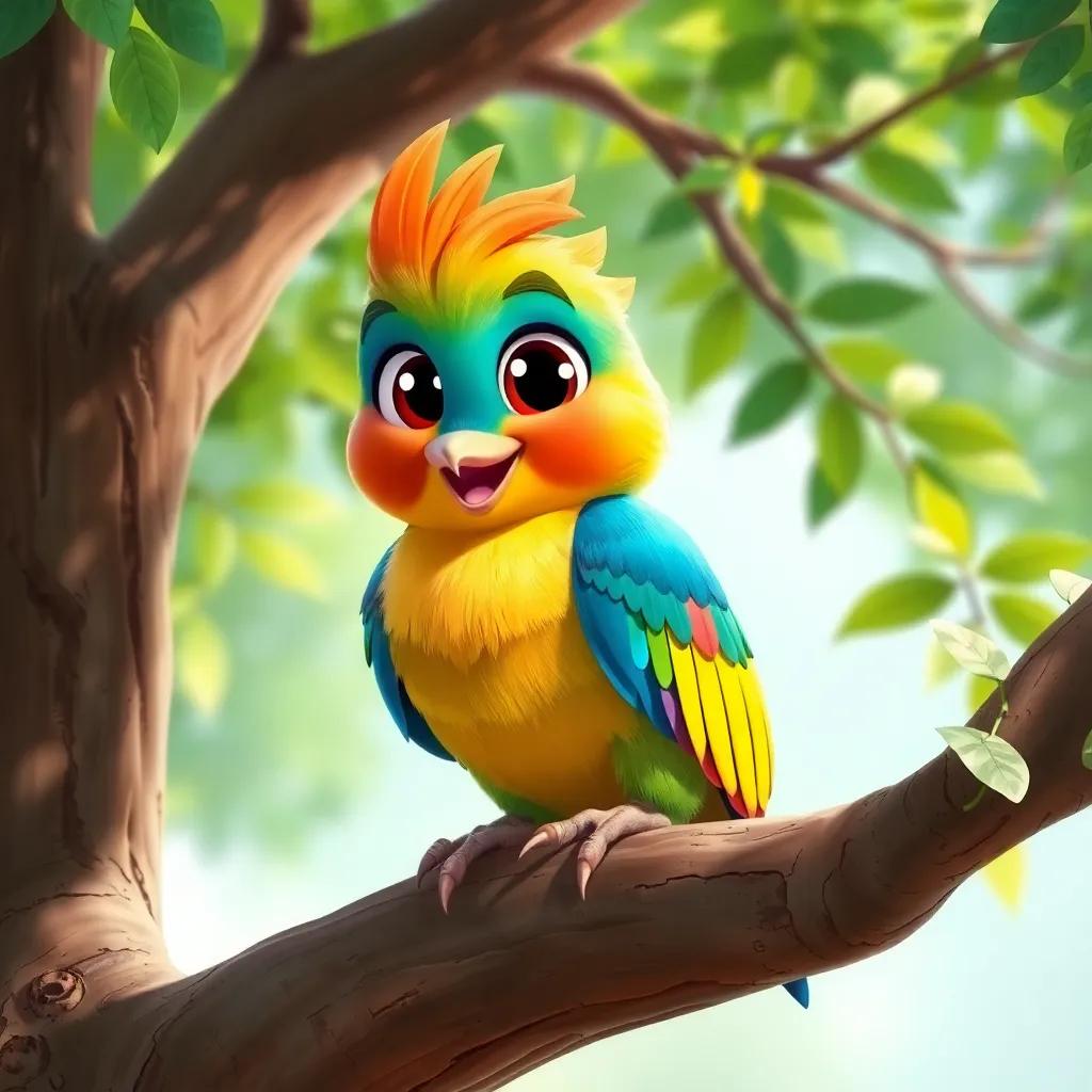 A colorful bird named Zahran with bright feathers and big eyes, sitting happily on a big tree branch, with green leaves around him, digital art, vibrant colors, cheerful atmosphere, close-up view, high quality