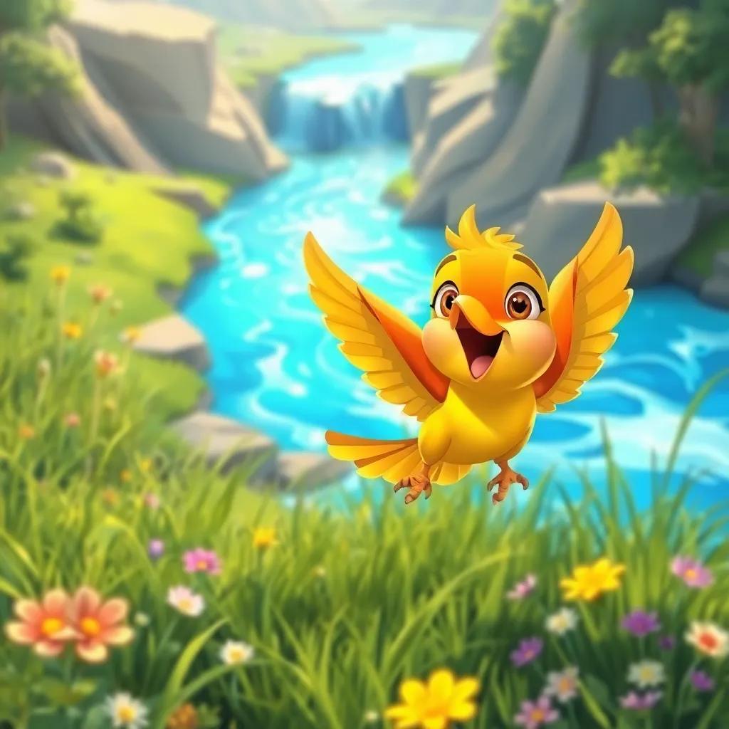 Zahran, a colorful bird, quickly flying towards a shiny blue river, with excitement in his eyes, surrounded by lush grass and flowers, illustration, lively, adventurous, child-friendly