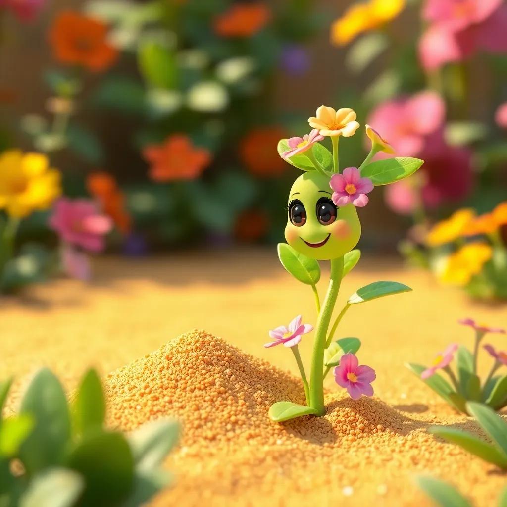 A small green plant, Zahra, with bright green leaves and colorful flowers, happily talking to a small golden sand grain in a bright garden, digital art, cheerful, colorful, happy atmosphere, high quality
