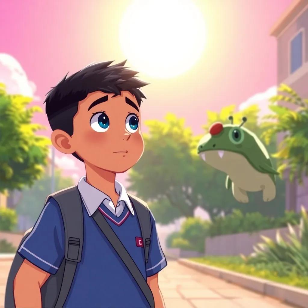 A young Arab boy, Zayd, with short black hair and wearing a blue school uniform, walking to school under a bright sun, looking surprised at a strange creature, digital art, colorful, cheerful atmosphere, high quality