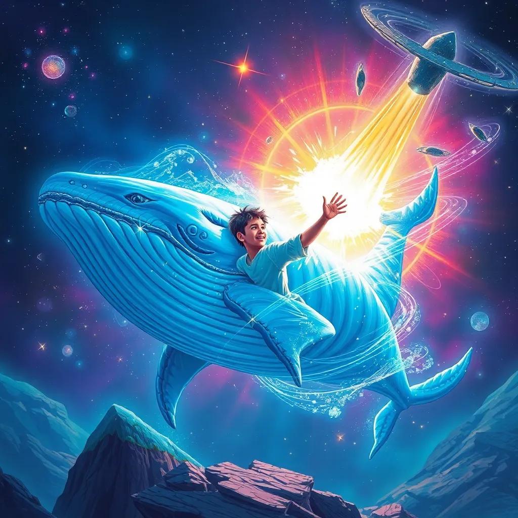 A young Arab boy, Zayd, transforming into a whale, surrounded by stars and cosmic elements, fighting a meteor, digital painting, fantastical, vibrant colors, epic view, high quality