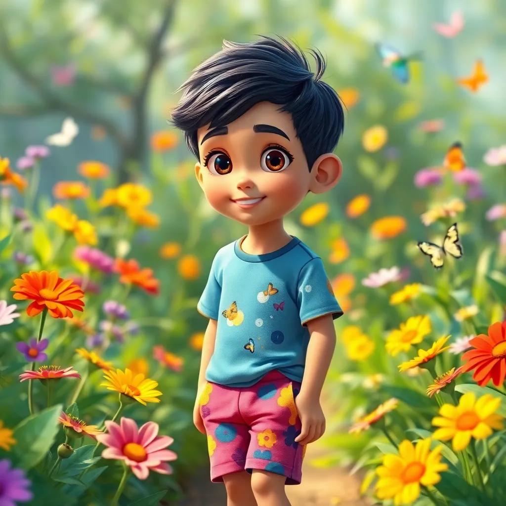 A young Arab boy, Zaid, with short black hair, wearing a colorful t-shirt and shorts, exploring a bright garden with flowers and butterflies, digital art, cheerful and vibrant colors, fun atmosphere, high quality