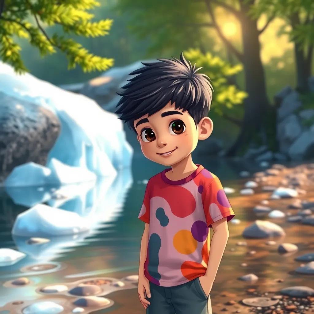 A young Arab boy, Zaid, with short black hair, wearing a colorful t-shirt and shorts, standing by a river watching ice melting into water, surrounded by trees and sunlight, illustration, magical and inviting, nature theme, high quality
