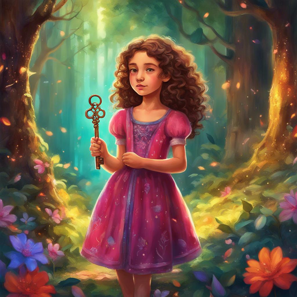 A brave girl, Zeina, an 8-year-old with curly brown hair, wearing a bright dress, holding a shiny key, standing in a magical forest with colorful trees and sparkling flowers, illustration, vivid colors, enchanted atmosphere, high quality
